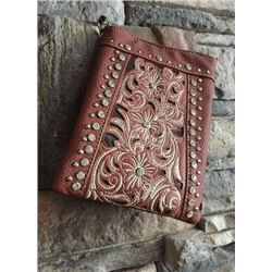 DARK BROWN CELL PHONE PURSE/CREAM FLORAL DESIGNS/8"X6"/SINGLE STRAP/CELL PHONE POCKET ON BACK WITH M