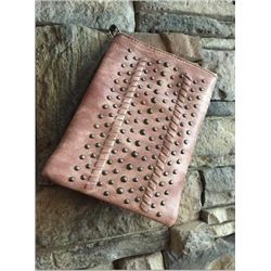 SOFT VINTAGE ROSE PINK CELL PHONE PURSE/PEWTER STUDDED DESIGN/8"X6"/SINGLE STRAP/CELL PHONE POCKET O