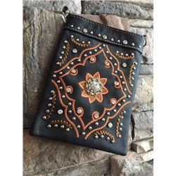 BLACK CELL PHONE PURSE/BURNT ORANGE FLORAL CONCHO DESIGN/8"X6"/SINGLE STRAP/CELL PHONE POCKET ON BAC