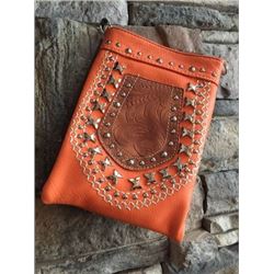 ORANGE CELL PHONE PURSE/TOOLED POCKET/STUDDED DESIGN/8"X6"/SINGLE STRAP/CELL PHONE POCKET ON BACK WI