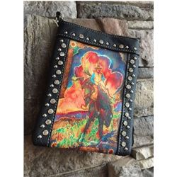 BLACK CELL PHONE PURSE/TOOLED POCKET/ARTIST JOANNE GRAND BUCKING HORSE DESIGN/8"X6"/SINGLE STRAP/CEL