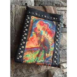 BLACK CELL PHONE PURSE/TOOLED POCKET/ARTIST JOANNE GRAND BUCKING HORSE DESIGN/8"X6"/SINGLE STRAP/CEL