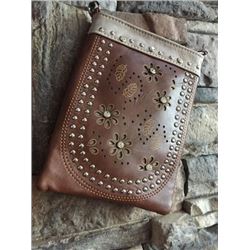 DARK BROWN CELL PHONE PURSE/ FLOWER DESIGNS/8"X6"/SINGLE STRAP/CELL PHONE POCKET ON BACK WITH MAGNET