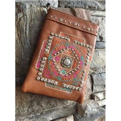 DARK BROWN CELL PHONE PURSE/ORANGE TURQ PINK STITCHING CONCHO DESIGNS/8"X6"/SINGLE STRAP/CELL PHONE 
