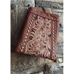DARK BROWN CELL PHONE PURSE/SOFT PINK FLORAL TOOLED DESIGN/8"X6"/SINGLE STRAP/CELL PHONE POCKET ON B