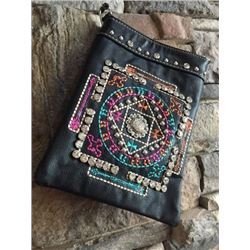 BLACK CELL PHONE PURSE/ORANGE TURQ PINK STITCHING CONCHO DESIGNS/8"X6"/SINGLE STRAP/CELL PHONE POCKE