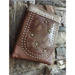 DARK BROWN CELL PHONE PURSE/SOFT PINK FLORAL TOOLED DESIGN/8"X6"/SINGLE STRAP/CELL PHONE POCKET ON B