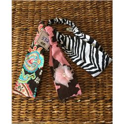 GROUP OF THREE HEADBANDS/ZEBRA, PINK COW PRINT,BLUE PAISLEY PRINTS/STRETCH BACK BAND
