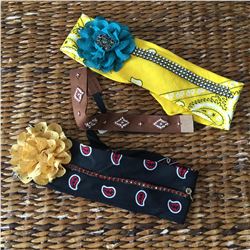 GROUP OF THREE HEAD BANDS/YELLOW BANDANA,BLACK BANDANA,BROWN BEADED