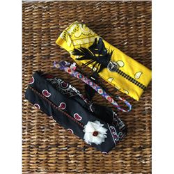 GROUP OF THREE HEAD BANDS/YELLOW BANDANA,BLACK BANDANA,AZTEC WEAVED HEAD/HAT BAND