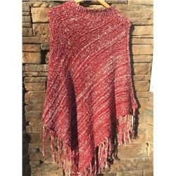RED/WHIT  KNIT PONCHO/FRINGE BOTTOM