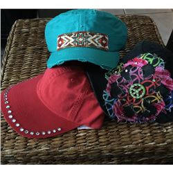 GROUP OF 3 HATS/TURQ BEADED CADET HAT,RED BLING BASEBALL CAP,BLACK PEACE CADET HAT/ALL HAVE ADJUSTAB