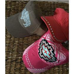 GROUP OF 3 HATS/PINK BASEBALL CAP WITH TURQ AZTEC DESIGN,RED BLING BASEBALL CAP,TAN ORIGINAL COWGIRL