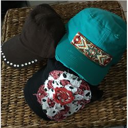 GROUP OF 3 HATS/TURQ BEADED CADET HAT,RED BLING BASEBALL CAP,BLACK PEACE CADET HAT/ALL HAVE ADJUSTAB