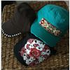 Image 1 : GROUP OF 3 HATS/TURQ BEADED CADET HAT,RED BLING BASEBALL CAP,BLACK PEACE CADET HAT/ALL HAVE ADJUSTAB