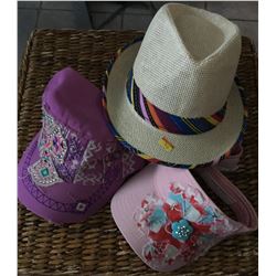 GROUP OF 3 HATS/ STRAW HAT WITH RED STRIPE BAND, PINK SUN VISOR WITH TURQ BLING,PINK CADET HAT WITH 