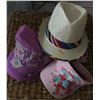 Image 1 : GROUP OF 3 HATS/ STRAW HAT WITH RED STRIPE BAND, PINK SUN VISOR WITH TURQ BLING,PINK CADET HAT WITH 