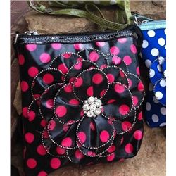 BLACK/HOT PINK POLKA DOT MESSENGER PURSE-ADJUSJTABLE STRAP