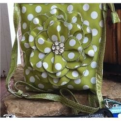 LIME GREEN/WHITE POLKA DOT MESSENGER PURSE-ZIPPER CLOSURE,ADJUSJTABLE STRAP