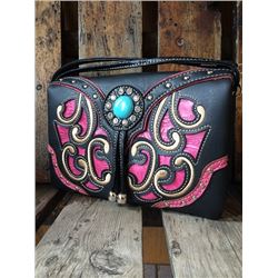 BLACK/PINK SCROLLING/TURQUOISE STONE MESSENGER WALLET-INSIDE AND OUTSIDE HAS ZIPPER COMPARTMENTS, CR