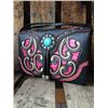 Image 1 : BLACK/PINK SCROLLING/TURQUOISE STONE MESSENGER WALLET-INSIDE AND OUTSIDE HAS ZIPPER COMPARTMENTS, CR