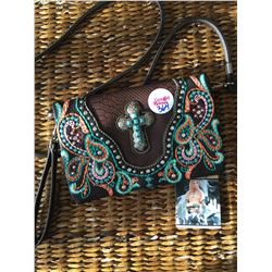 BROWN/TEAL MULTI COLOR STITCHING/CROSS CONCHO MESSENGER WALLET-INSIDE AND OUTSIDE HAS ZIPPER COMPART