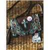 Image 1 : BROWN/TEAL MULTI COLOR STITCHING/CROSS CONCHO MESSENGER WALLET-INSIDE AND OUTSIDE HAS ZIPPER COMPART