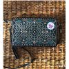 Image 1 : TEAL/BLACK SCROLLED DESIGN MESSENGER WALLET-INSIDE AND OUTSIDE HAS ZIPPER COMPARTMENTS, CREDIT/CARD 