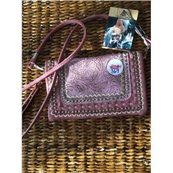 PINK TOOLED MESSENGER WALLET-INNER AND OUTER ZIPPER COMPARTMENTS,CREDIT CARD AREA, SINGLE STRAP, WRI