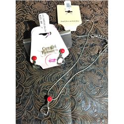 RED STONE ENGLISH STIRRUP NECKLACE AND EARRINGS/NICKEL FREE