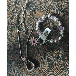 PINK STONE WESTERN STIRRUP NECKLACE/PINK CRYSTAL SPUR ROWEL CHARM BRACELET