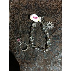 PINK STONE WESTERN STIRRUP NECKLACE/CLEAR CRYSTAL SPUR ROWEL CHARM BRACELET