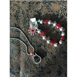 RED STONE WESTERN STIRRUP NECKLACE/RED CRYSTAL SPUR ROWEL BRACELET/NICKEL FREE