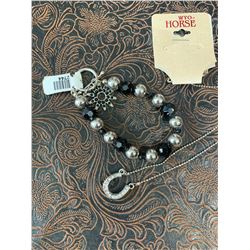 CLEAR STONE HORSE SHOE NECKLACE AND BLACK CRYSTAL SPUR ROWEL CHARM BRACELET/NICKEL FREE