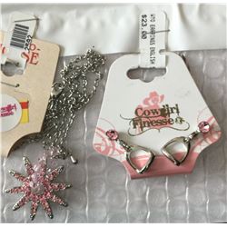 PINK STONE SPUR ROWEL NECKLACE/ENGLINSH STIRRUP EARRINGS/NICKEL FREE