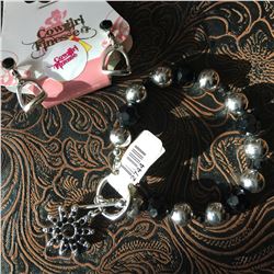 BLACK CRYSTAL SPUR ROWEL CHARM BRACELET/ENGLISH STIRRUP EARRINGS/NICKEL FREE