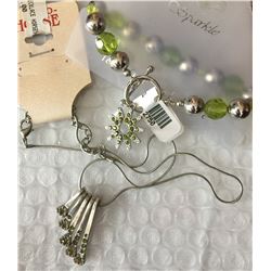 GREEN CRYSTAL SPUR ROWEL CHARM BRACELET/HORSEHOE NAIL NECKLACE/NICKEL FREE