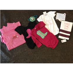 GROUP OF 7 BABY ITEMS/ 1-WHITE BURP CLOTH,2-WHITE 3/6 MOS ONSIE, 1PINK-6/9 MOS ONSIE,1-BLACK 6/9 MOS