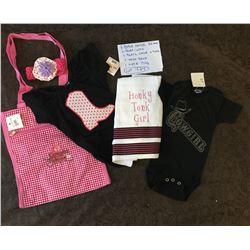 GROUP OF 5 BABY ITEMS/ 1-WHITE BURP CLOTH,1-BLACK 6/9 MOS ONSIE, 1-BLACK 3/6 MOS ONSIE, 1-HEAD BAND,