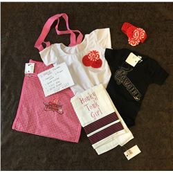 GROUP OF 5 BABY ITEMS/ 1-WHITE BURP CLOTH,1-BLACK 6/9 MOS ONSIE, 1-BLACK 3/6 MOS ONSIE, 1-HEAD BAND,