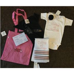 GROUP OF 5 BABY ITEMS/ 1-WHITE BURP CLOTH,1-BLACK 6/12 MOS ONSIE, 1-WHITE 6/12 MOS ONSIE, 1-HEAD BAN