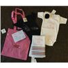 Image 1 : GROUP OF 5 BABY ITEMS/ 1-WHITE BURP CLOTH,1-BLACK 6/12 MOS ONSIE, 1-WHITE 6/12 MOS ONSIE, 1-HEAD BAN