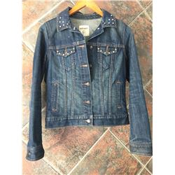 CUSTON MADE JEAN/LEATHER JEAN JACKET-SIZE SMALL-DOUBLE PISTOL HAIR ON HIDE DESIGN ON BACK-CRYSTAL ST
