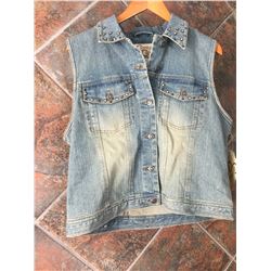 CUSTON MADE JEAN/LEATHER JEAN VEST-SIZE XL-DOUBLE PISTOL  HAIR ON HIDE DESIGN ON BACK-CRYSTAL STUDDE