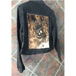 CUSTON MADE JEAN/LEATHER JEAN JACKET-SIZE XL-DOUBLE PISTOL HAIR ON HIDE DESIGN ON BACK-CRYSTAL STUDD