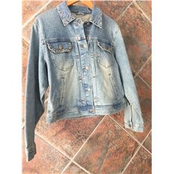 CUSTON MADE JEAN/LEATHER JEAN VEST-SIZE XL-DOUBLE PISTOL  HAIR ON HIDE DESIGN ON BACK-CRYSTAL STUDDE