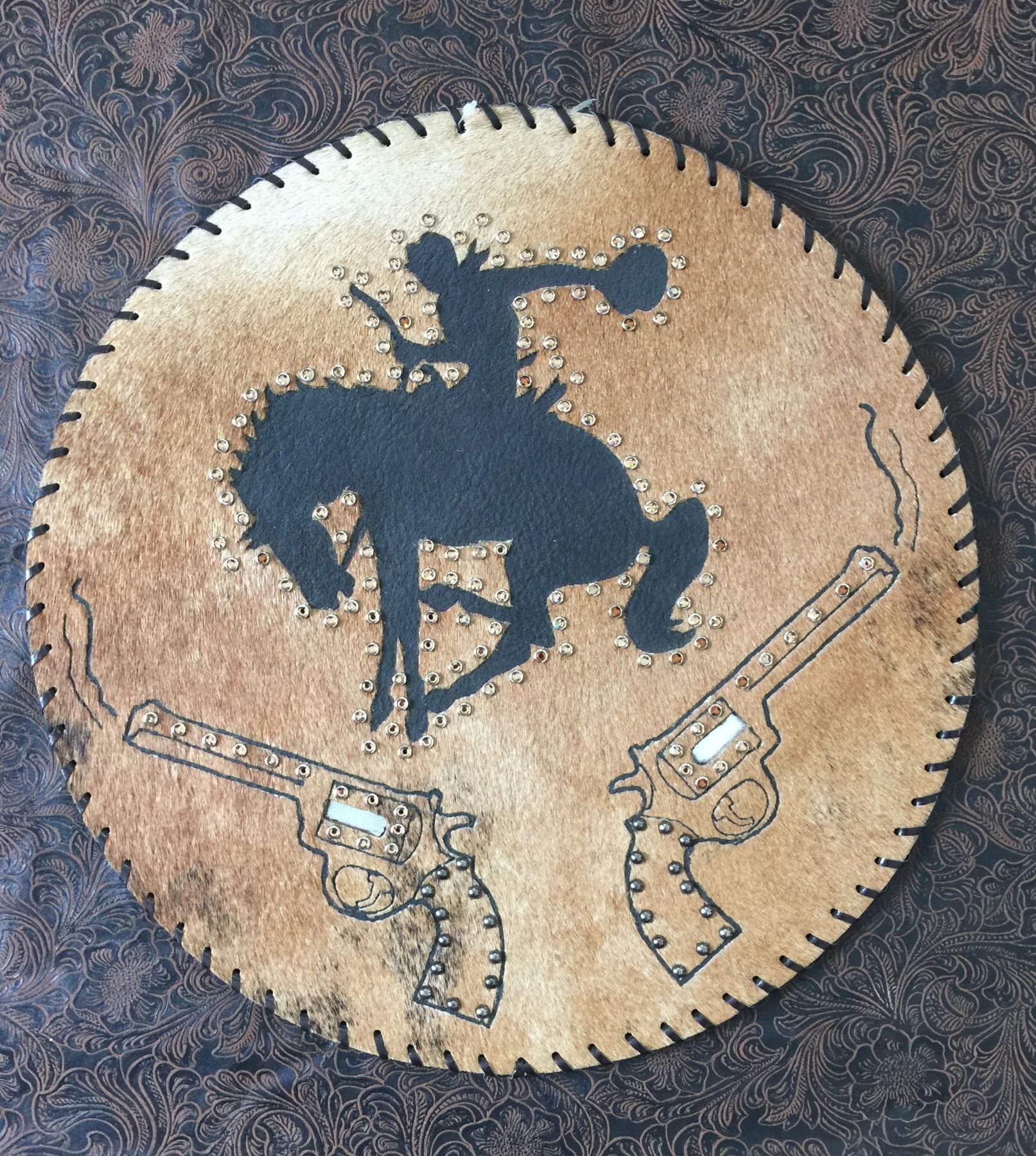 CUSTOM LEATHER ROPE CAN LID, PISTOL BRONC DESIGN,THICK STURDY LEATHER