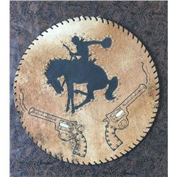 CUSTOM LEATHER ROPE CAN LID, PISTOL BRONC DESIGN,THICK STURDY LEATHER, WOULD MAKE A GREAT WESTERN CL