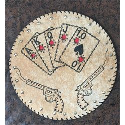 CUSTOM LEATHER ROPE CAN LID, PISTOL CARDS DESIGN,THICK STURDY LEATHER, WOULD MAKE A GREAT WESTERN CL