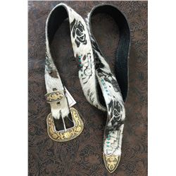 BLACK LEATHER HAIR ON HIDE BELT/ WESTERN BUCKLE / 46" ENDE TO END/ONE OF A KIND